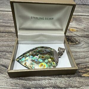 Vintage Tear Drop Shaped Abalone Shell Pendant 925 Sterling Silver Clasp